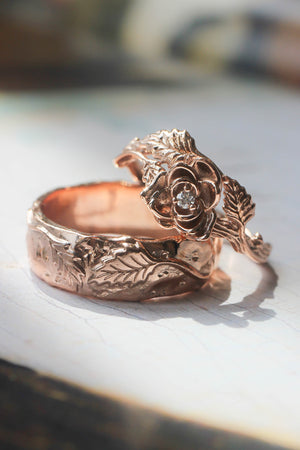 Nature wedding bands set: wide ring for him, rose flower ring for her - Eden Garden Jewelry™