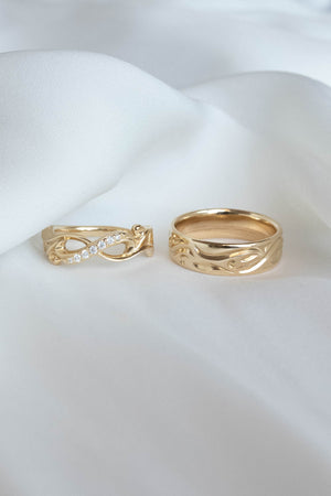 Wedding rings set for couples: gold band for him, infinity band with diamonds for her - Eden Garden Jewelry™