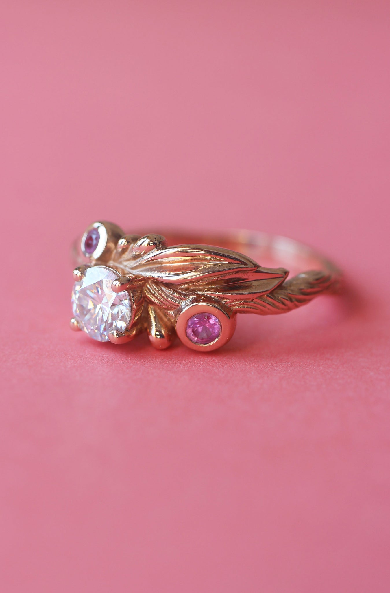 Olive branch ring with moissanite and pink sapphires / Olivia - Eden Garden Jewelry™