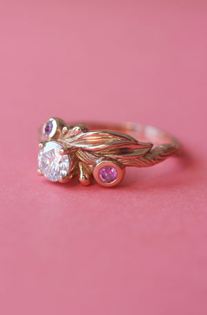 Bridal ring set with moissanite and pink sapphires / Olivia - Eden Garden Jewelry™