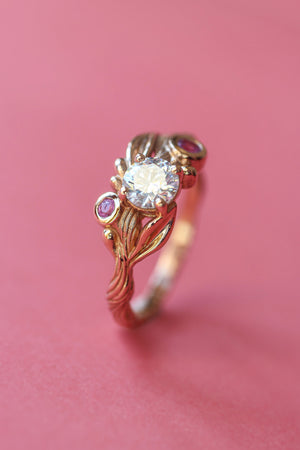 Olive branch ring with moissanite and pink sapphires / Olivia - Eden Garden Jewelry™