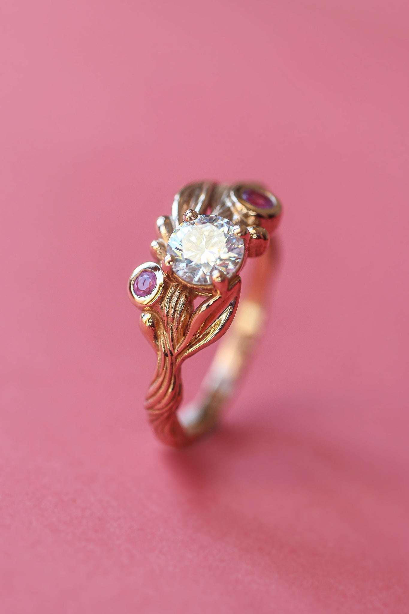 Bridal ring set with moissanite and pink sapphires / Olivia - Eden Garden Jewelry™