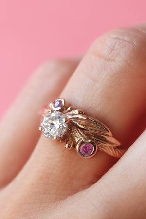 Olive branch ring with moissanite and pink sapphires / Olivia - Eden Garden Jewelry™