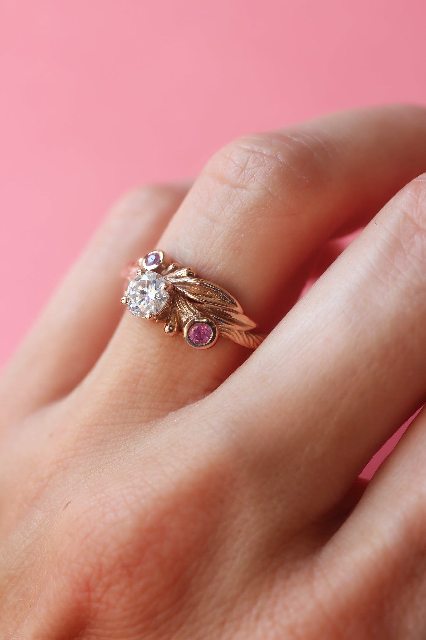 Olive branch ring with moissanite and pink sapphires / Olivia - Eden Garden Jewelry™