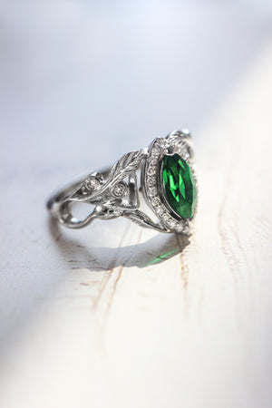 Marquise engagement ring with lab emerald and diamond halo / Callisto - Eden Garden Jewelry™