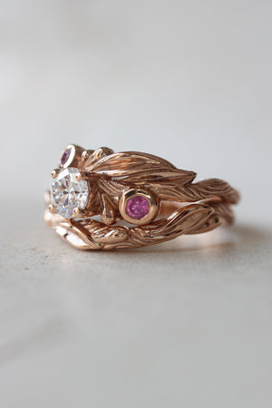 Olive branch ring with moissanite and pink sapphires / Olivia - Eden Garden Jewelry™