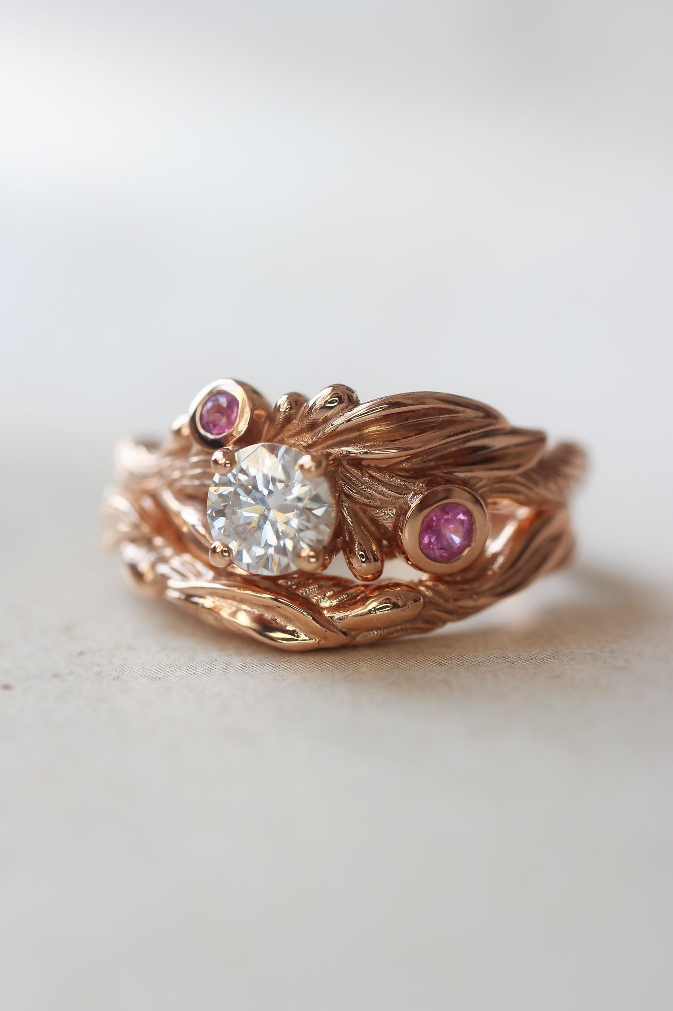 Olive branch ring with moissanite and pink sapphires / Olivia - Eden Garden Jewelry™