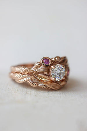 Bridal ring set with moissanite and pink sapphires / Olivia - Eden Garden Jewelry™