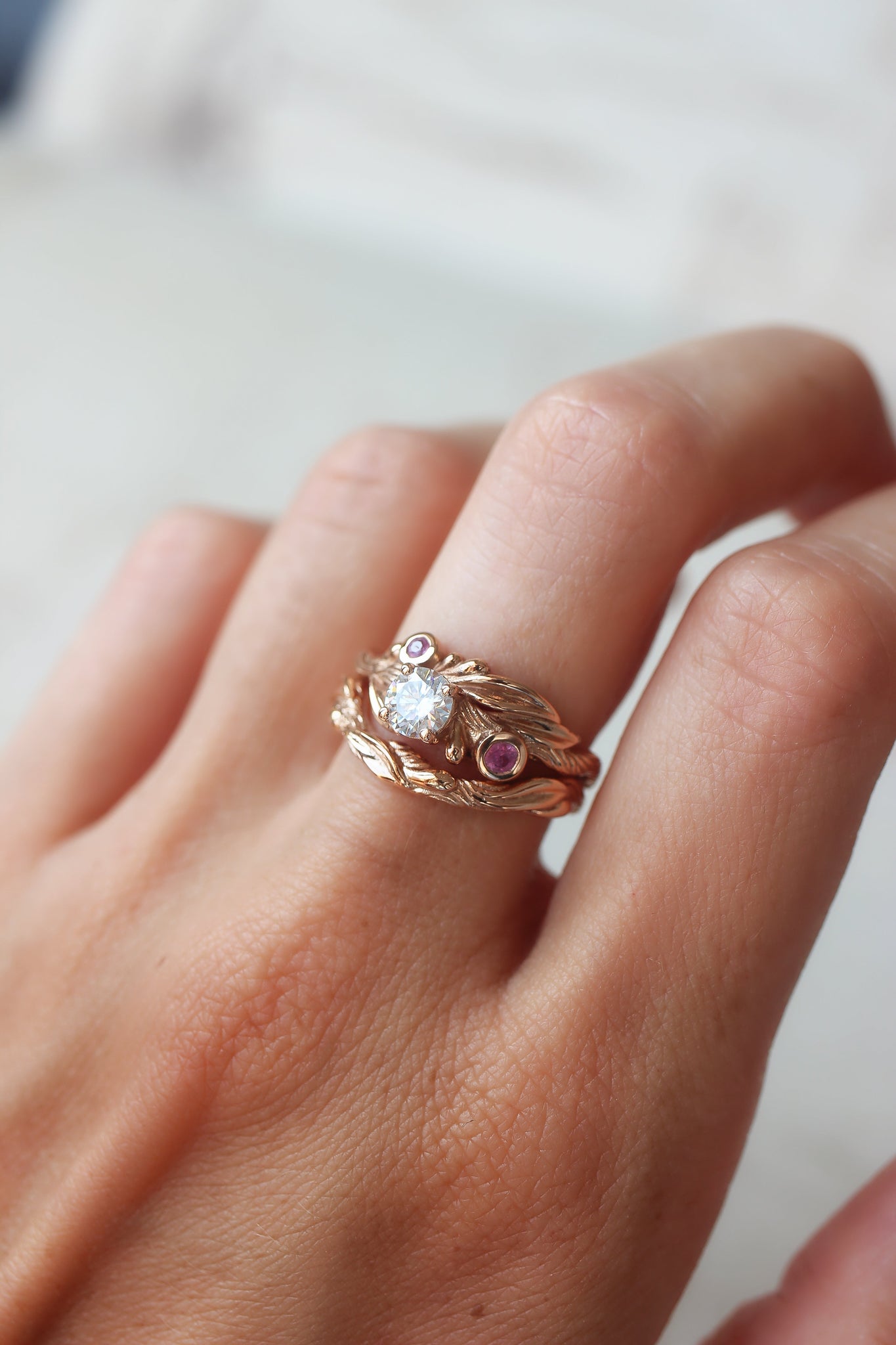 Olive branch ring with moissanite and pink sapphires / Olivia - Eden Garden Jewelry™