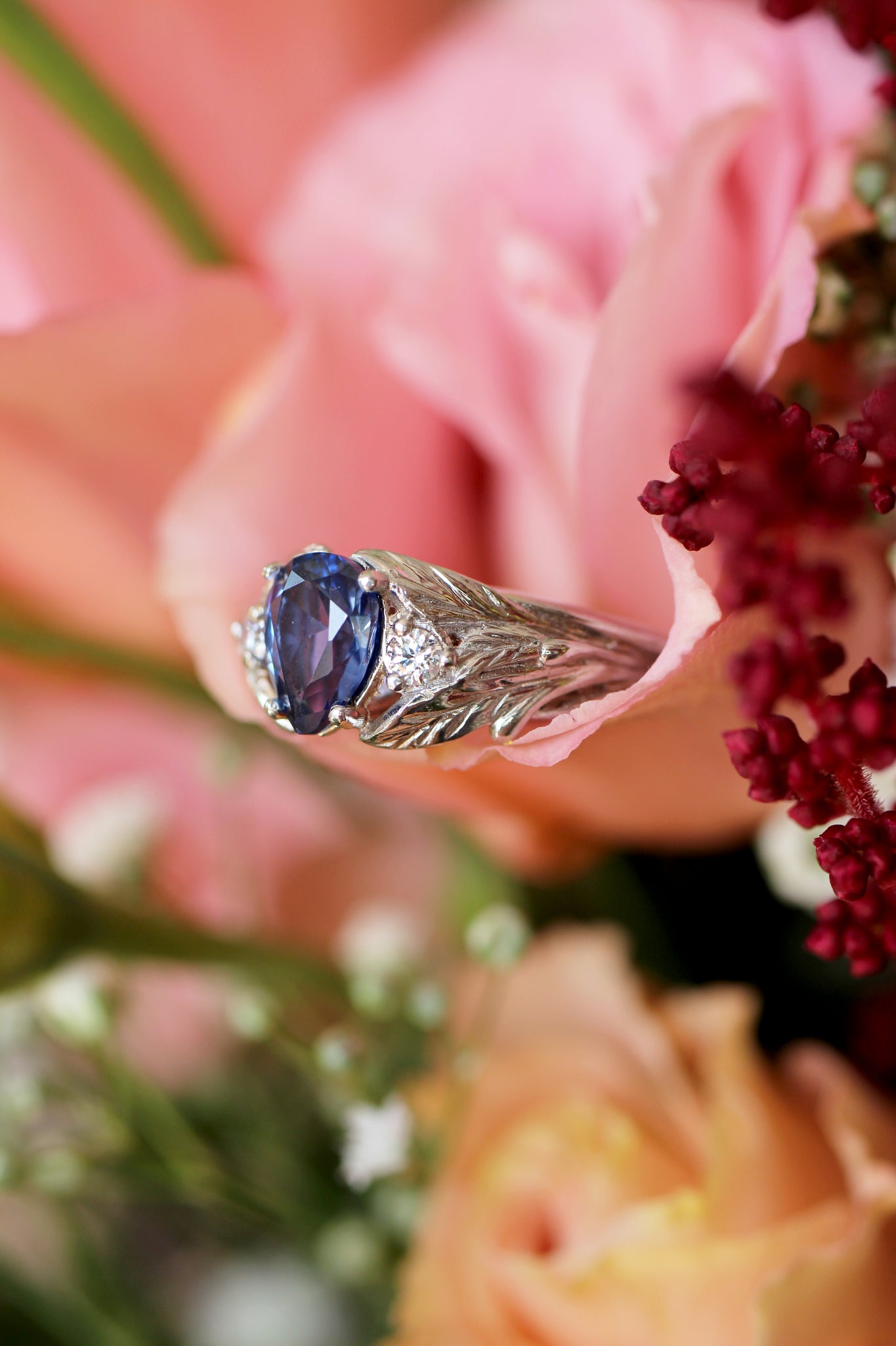 Lab sapphire and natural diamonds ring / Wisteria - Eden Garden Jewelry™