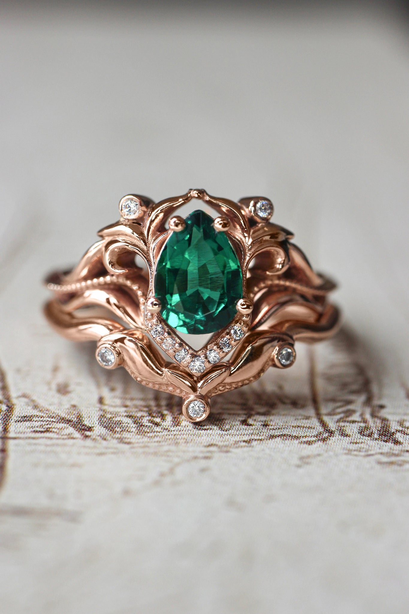 Lab emerald engagement ring, diamond wedding band set / Lida - Eden Garden Jewelry™