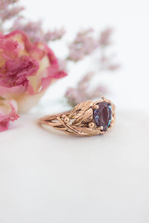 Pear cut Alexandrite engagement ring, leaves ring / Viola - Eden Garden Jewelry™