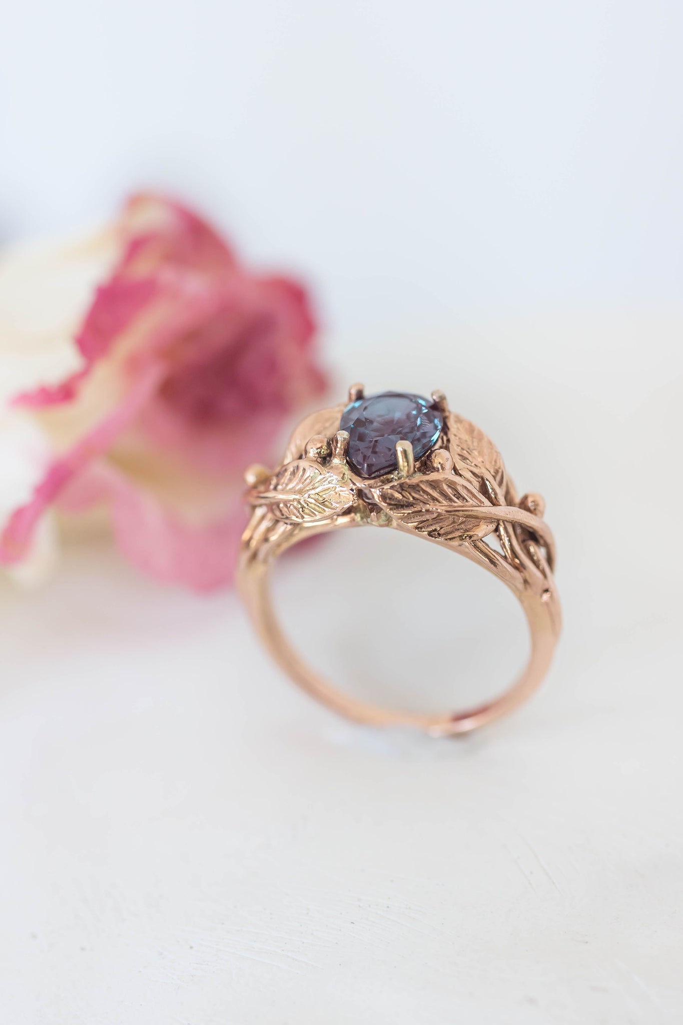 Pear cut Alexandrite engagement ring, leaves ring / Viola - Eden Garden Jewelry™