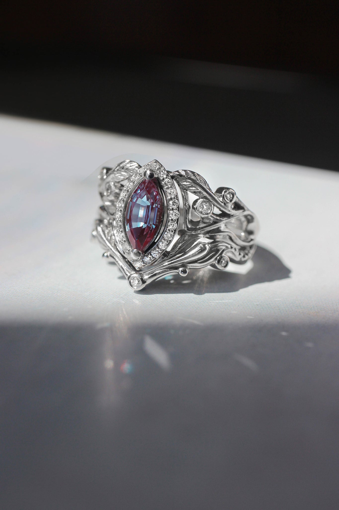 Art nouveau bridal ring set with alexandrite and diamond halo / Callisto - Eden Garden Jewelry™