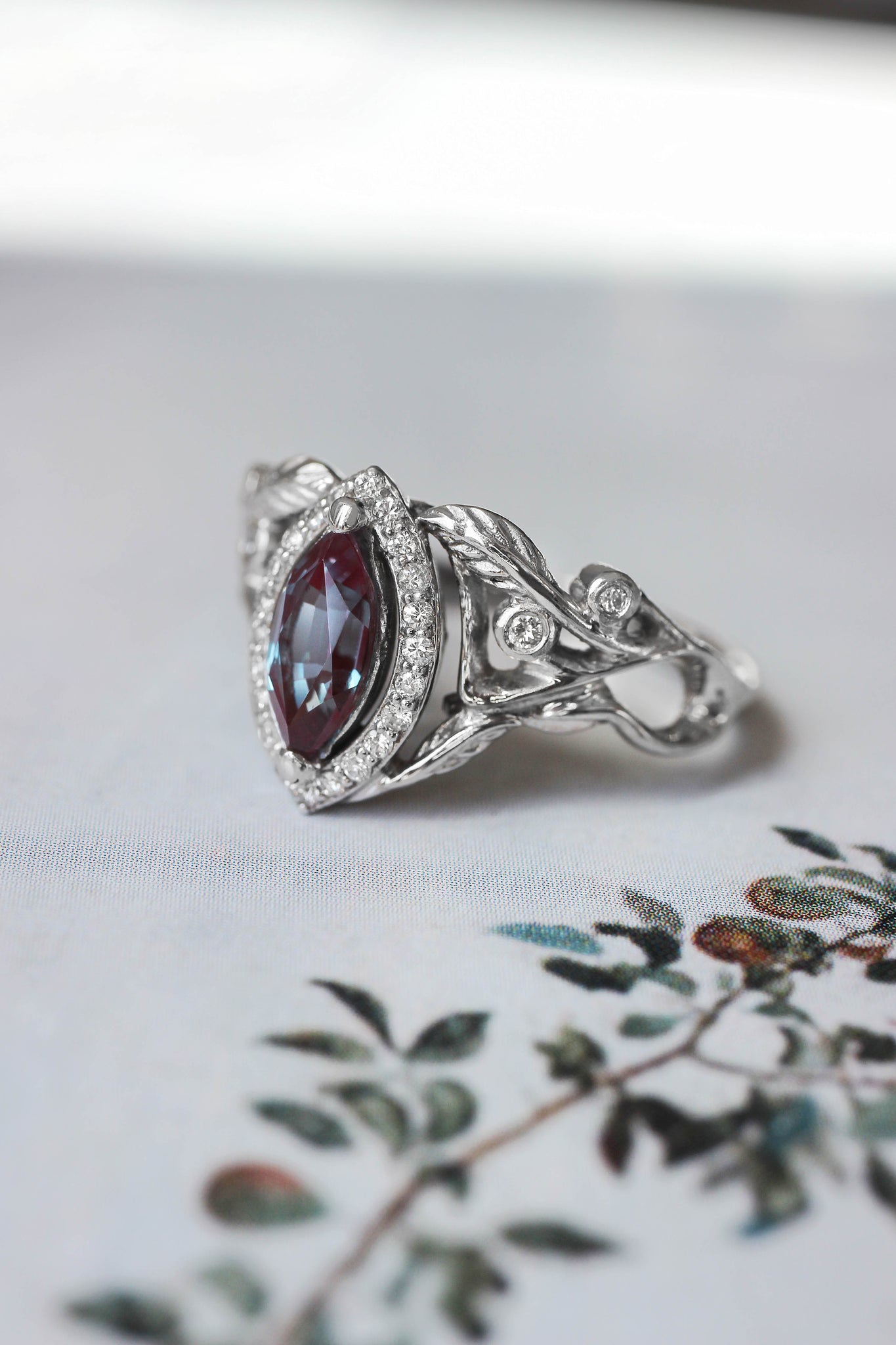 Lab alexandrite marquise ring, diamond halo engagement ring / Callisto - Eden Garden Jewelry™