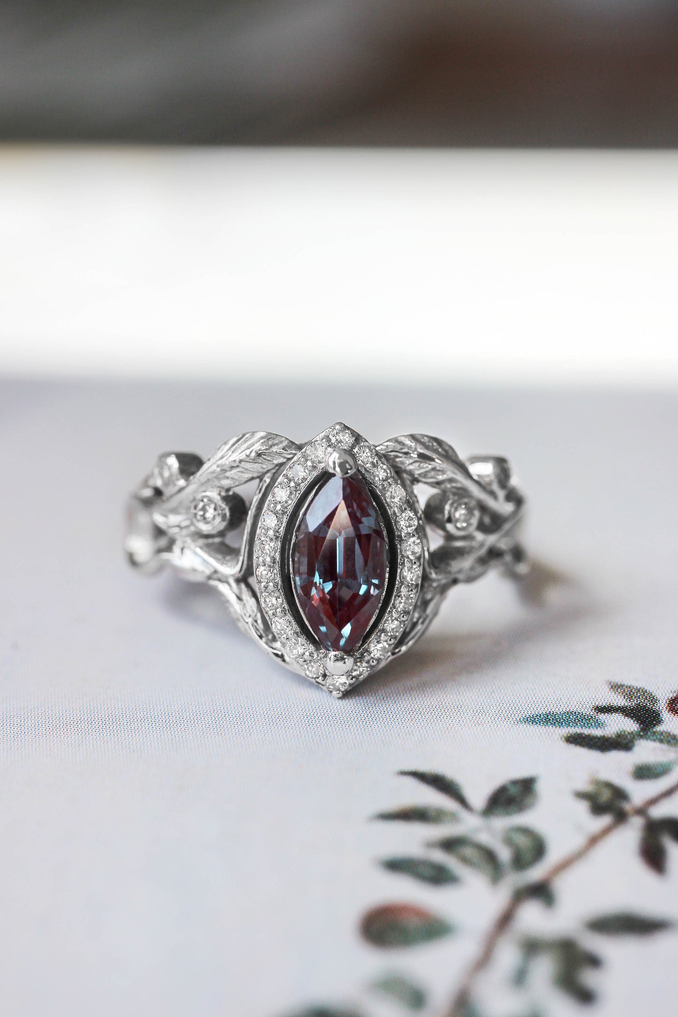 Lab alexandrite marquise ring, diamond halo engagement ring / Callisto - Eden Garden Jewelry™