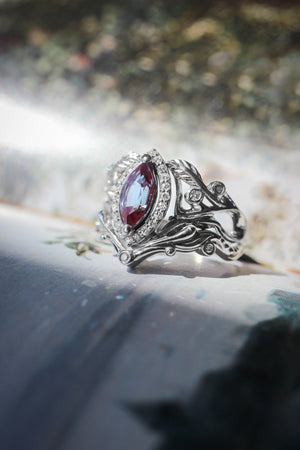 Art nouveau bridal ring set with alexandrite and diamond halo / Callisto - Eden Garden Jewelry™