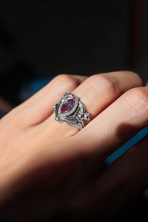 Art nouveau bridal ring set with alexandrite and diamond halo / Callisto - Eden Garden Jewelry™