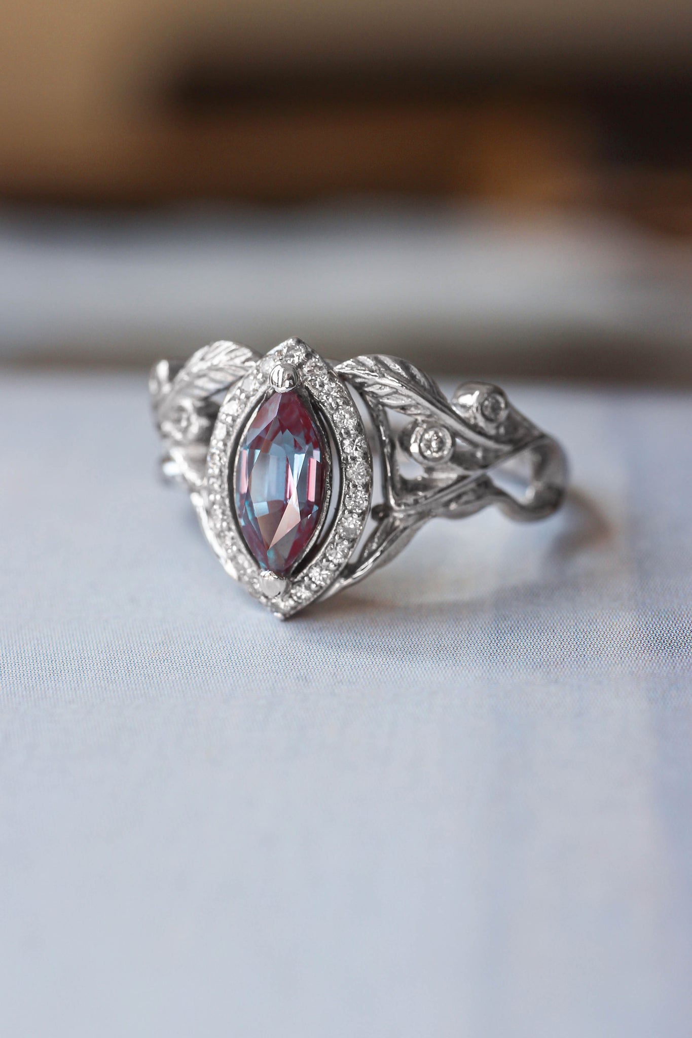 Lab alexandrite marquise ring, diamond halo engagement ring / Callisto - Eden Garden Jewelry™