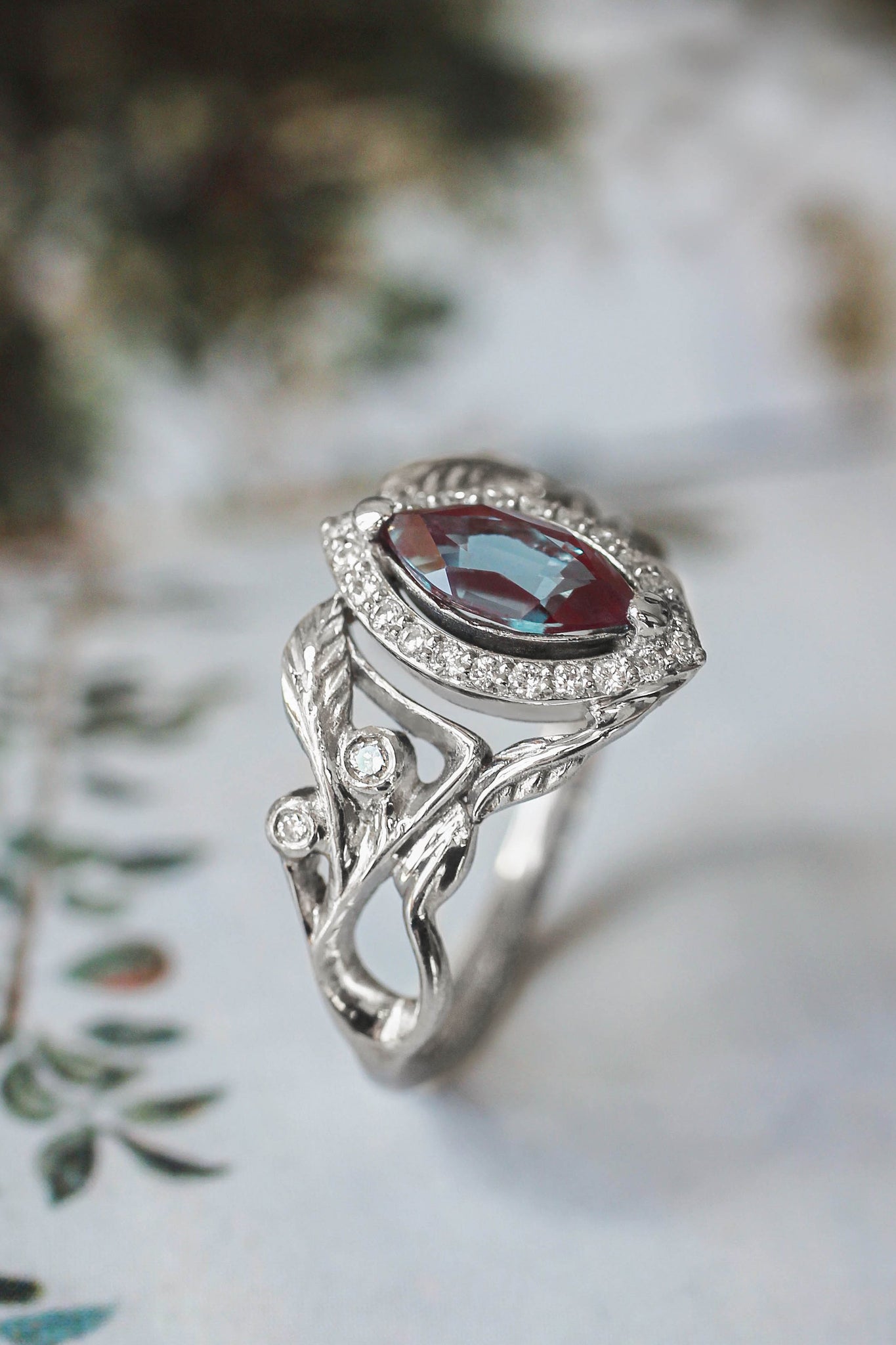 Lab alexandrite marquise ring, diamond halo engagement ring / Callisto - Eden Garden Jewelry™