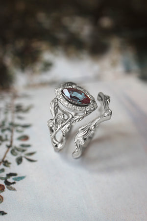 Art nouveau bridal ring set with alexandrite and diamond halo / Callisto - Eden Garden Jewelry™