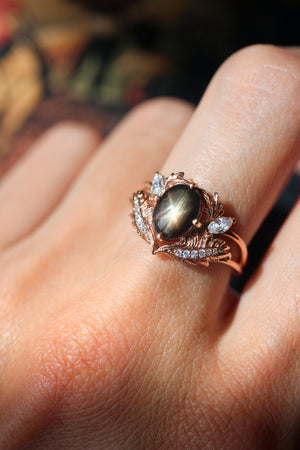 Black star sapphire engagement ring with moissanites / Adonis - Eden Garden Jewelry™