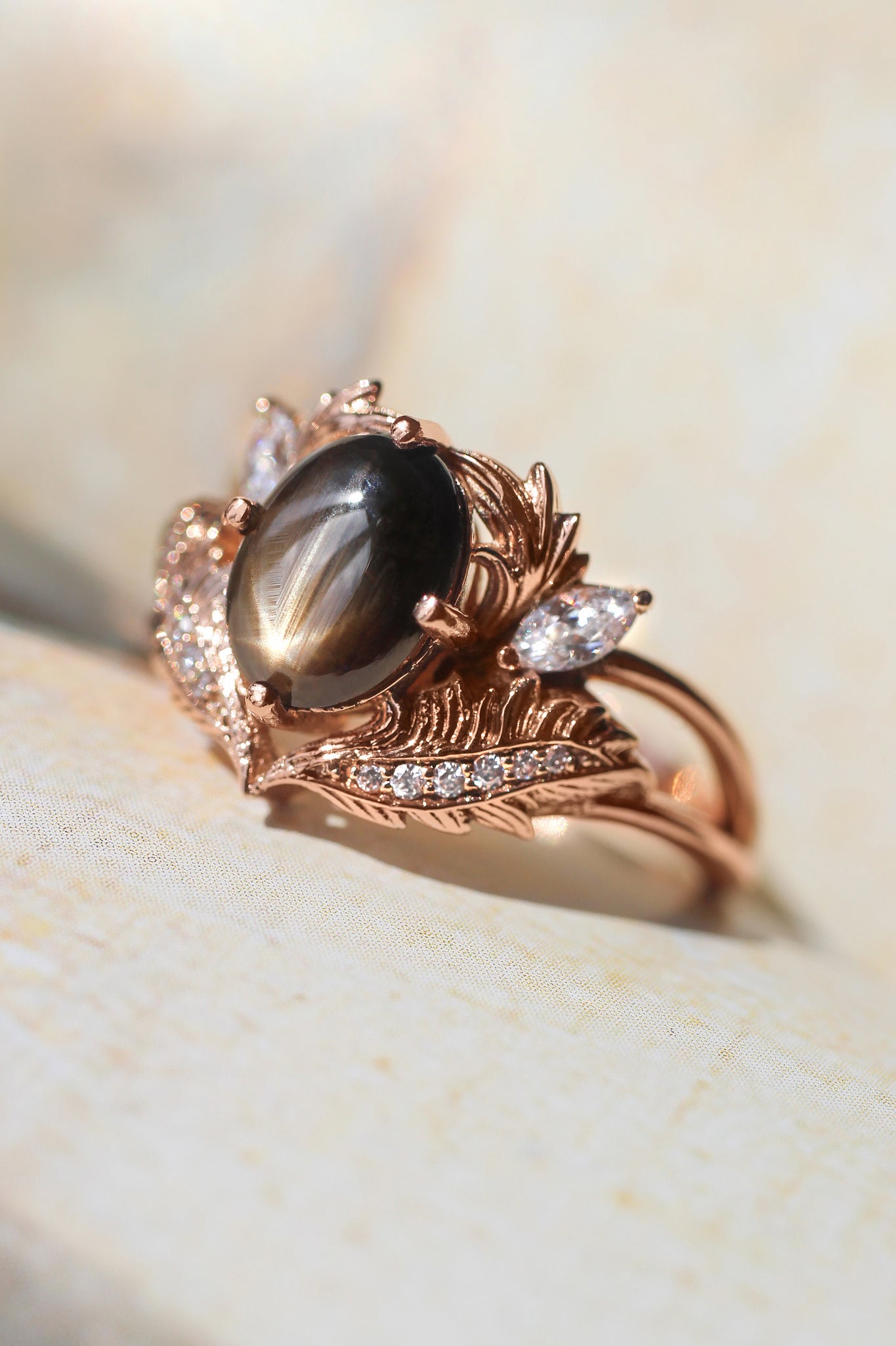 Black star sapphire engagement ring with moissanites / Adonis - Eden Garden Jewelry™