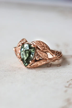 Green tourmaline leaves ring, pear cut engagement ring / Viola - Eden Garden Jewelry™