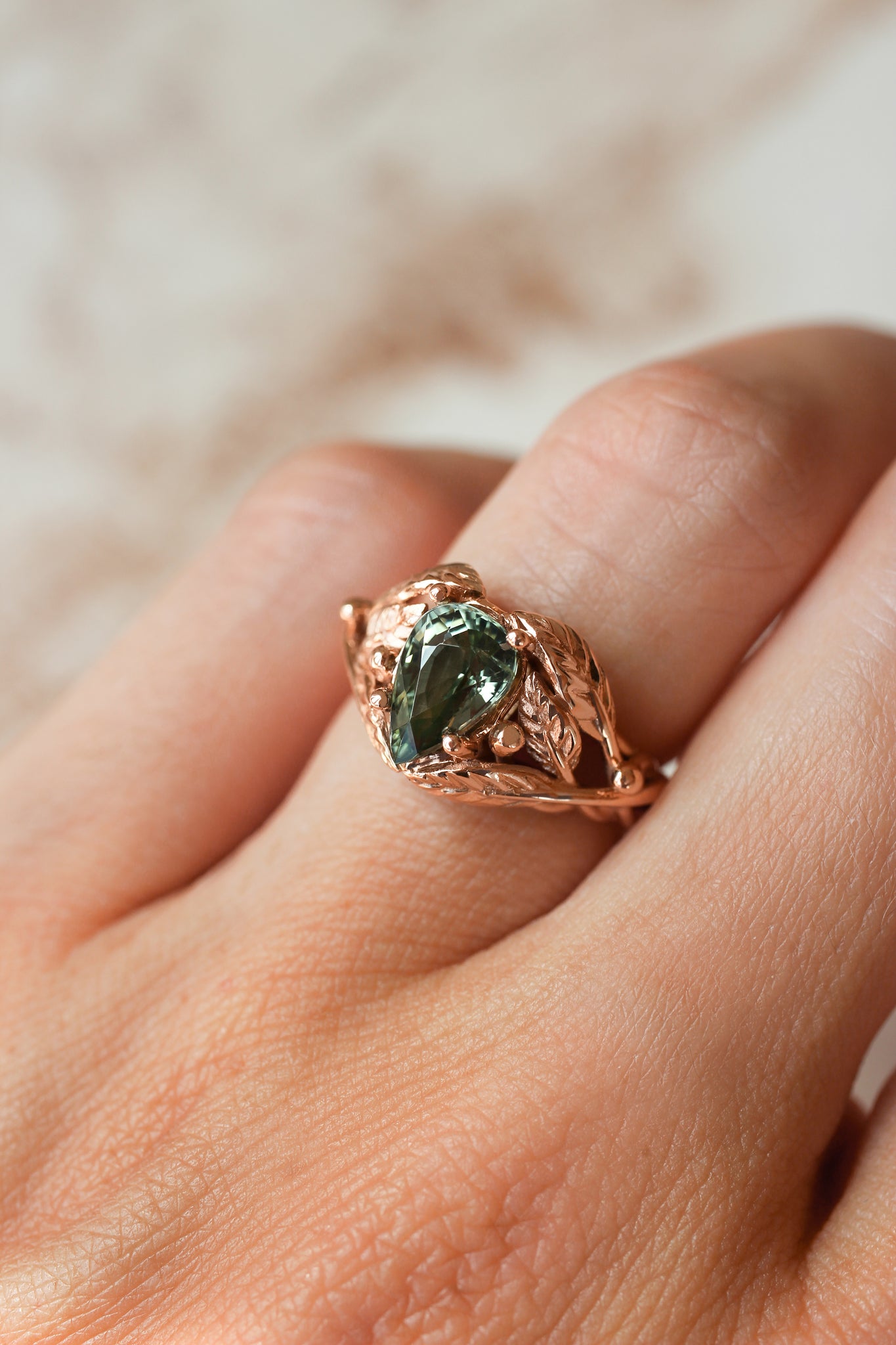 Green tourmaline leaves ring, pear cut engagement ring / Viola - Eden Garden Jewelry™