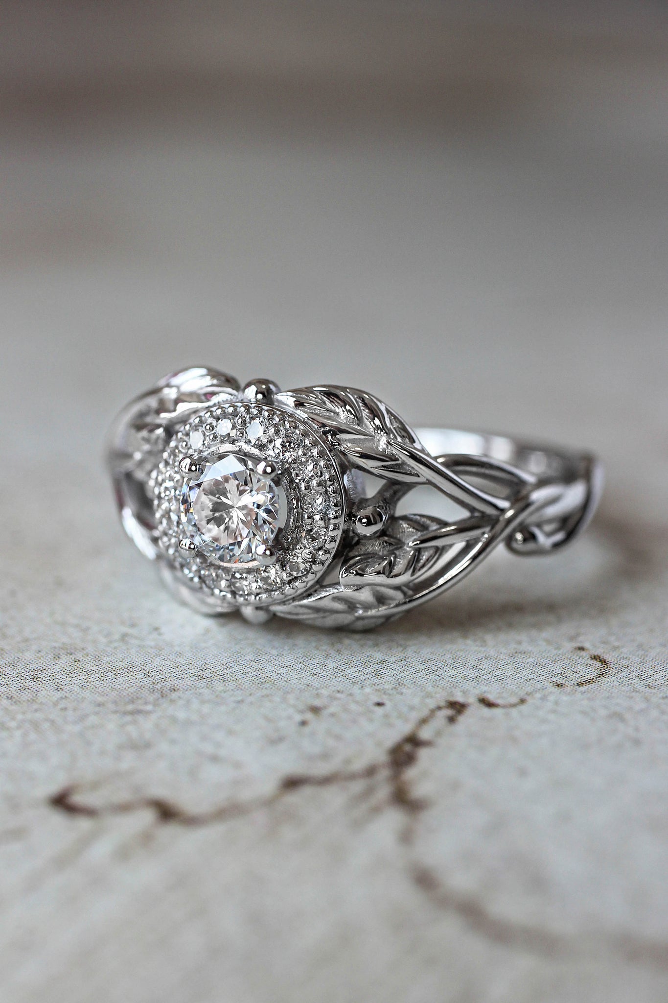 Leaf engagement ring with natural diamonds / Tilia halo - Eden Garden Jewelry™