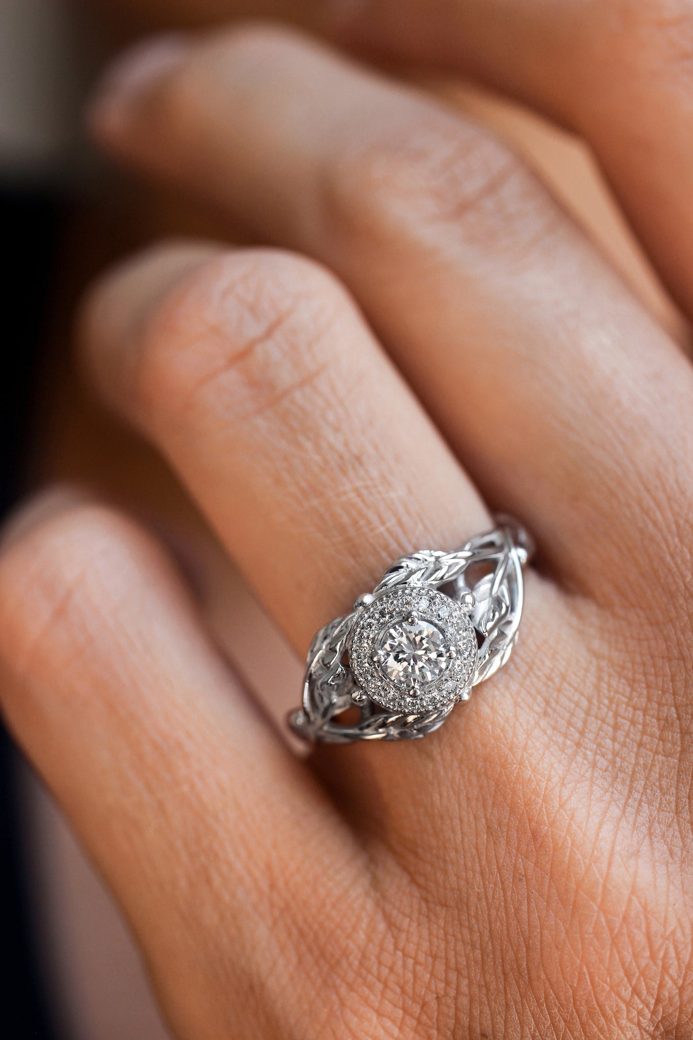 Leaf engagement ring with natural diamonds / Tilia halo - Eden Garden Jewelry™