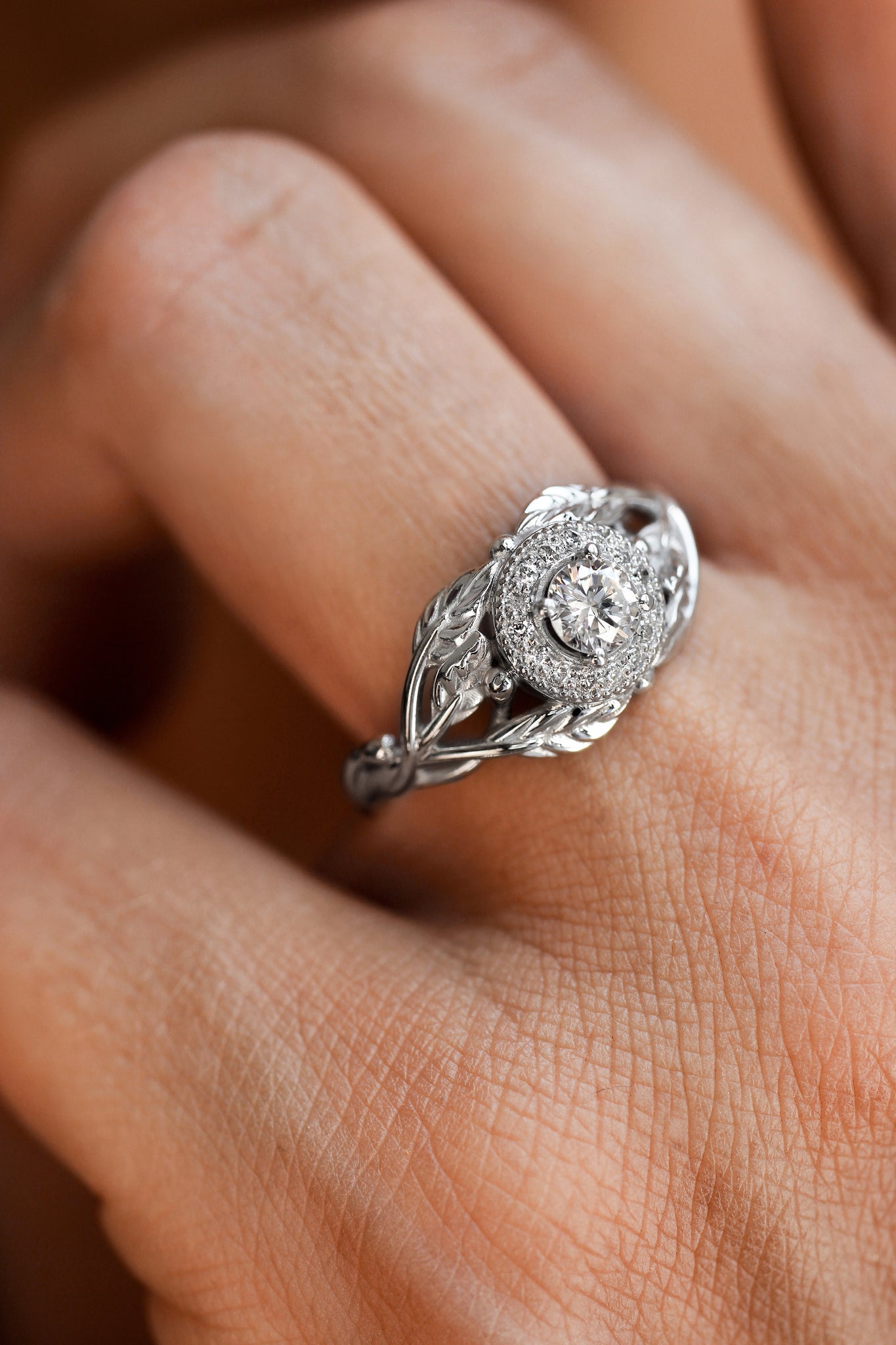 Leaf engagement ring with natural diamonds / Tilia halo - Eden Garden Jewelry™