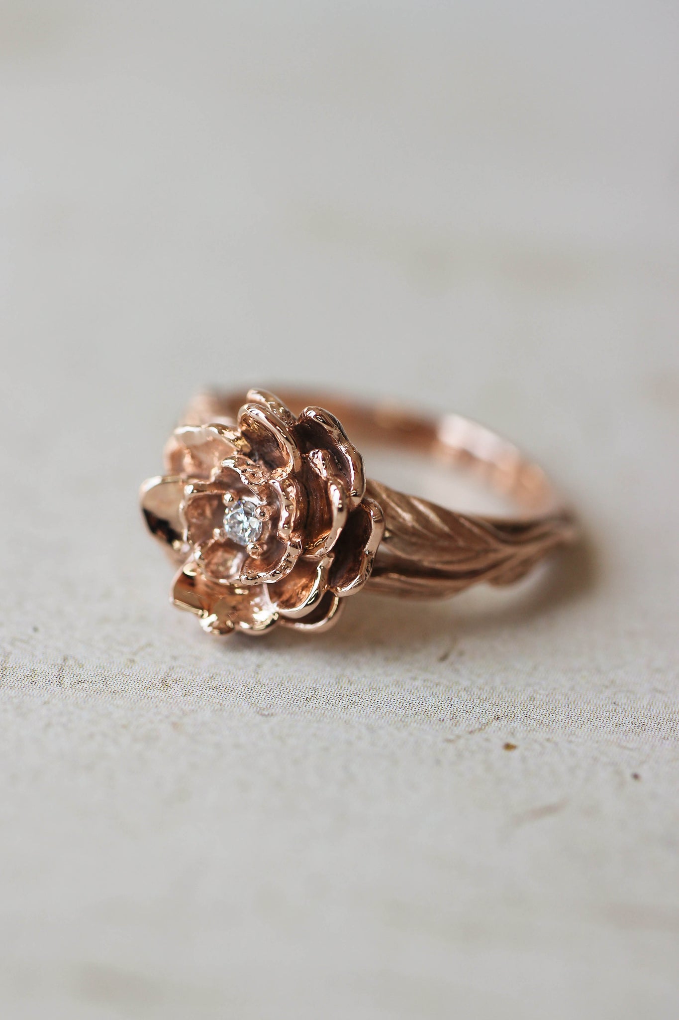 Peony flower engagement ring with diamond or moissanite - Eden Garden Jewelry™