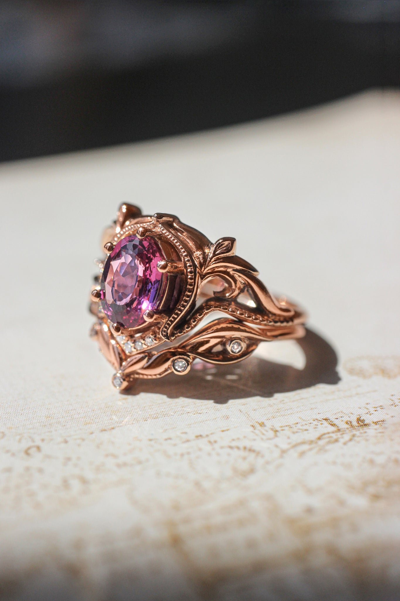 Art nouveau bridal ring set with rhodolite garnet / Lida oval - Eden Garden Jewelry™