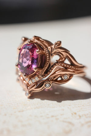 Art nouveau bridal ring set with rhodolite garnet / Lida oval - Eden Garden Jewelry™