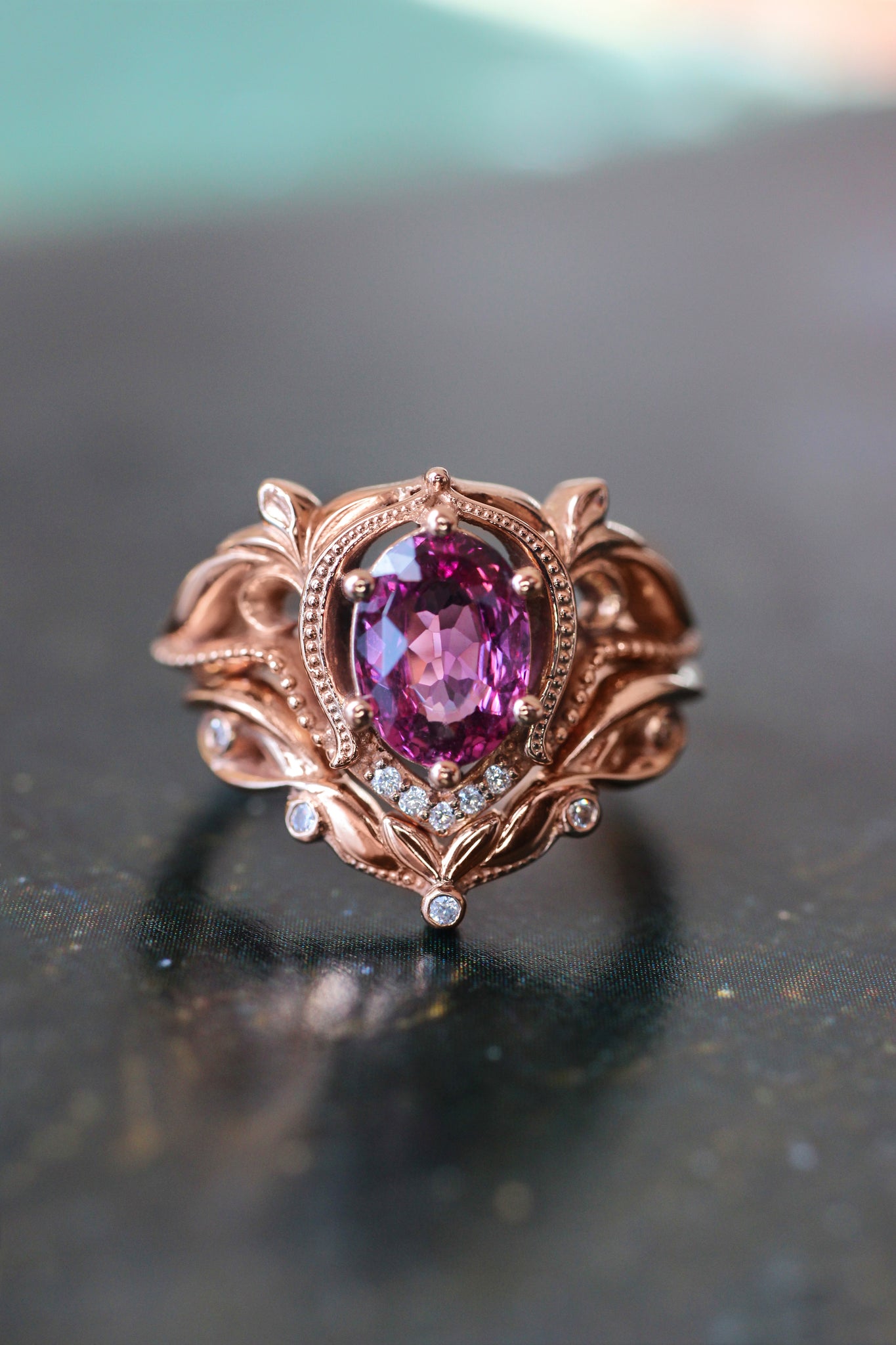 Art nouveau bridal ring set with rhodolite garnet / Lida oval - Eden Garden Jewelry™