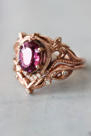 Art nouveau bridal ring set with rhodolite garnet / Lida oval - Eden Garden Jewelry™