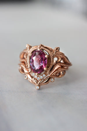 Art nouveau bridal ring set with rhodolite garnet / Lida oval - Eden Garden Jewelry™