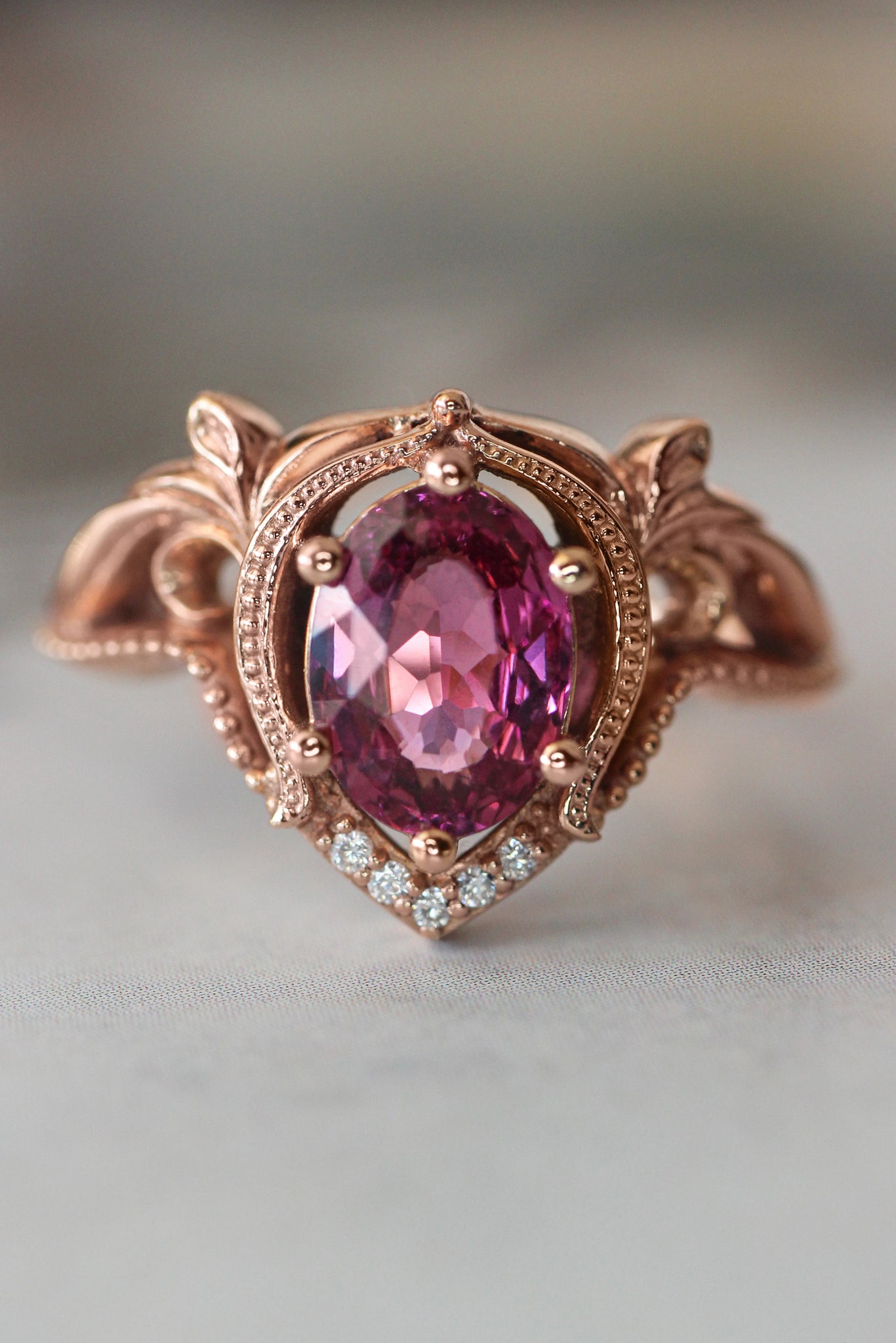 Rhodolite garnet and moissanites or diamonds engagement ring / Lida oval - Eden Garden Jewelry™