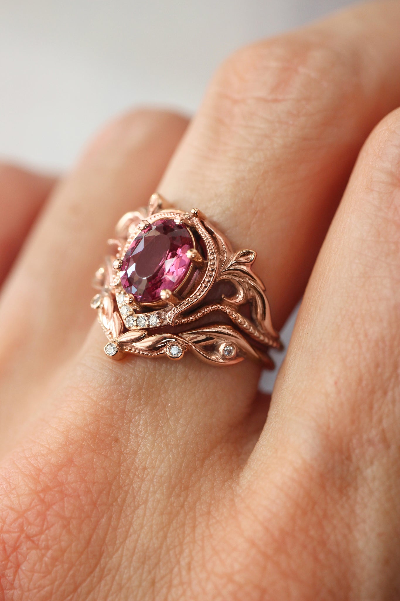 Rhodolite garnet and moissanites or diamonds engagement ring / Lida oval - Eden Garden Jewelry™