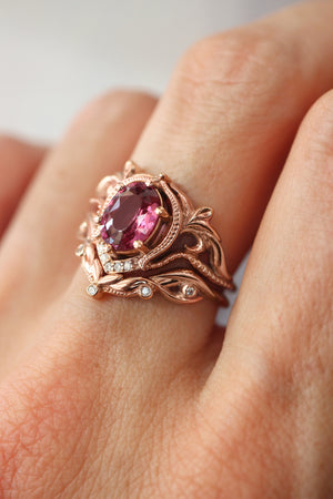 Rhodolite garnet and moissanites or diamonds engagement ring / Lida oval - Eden Garden Jewelry™