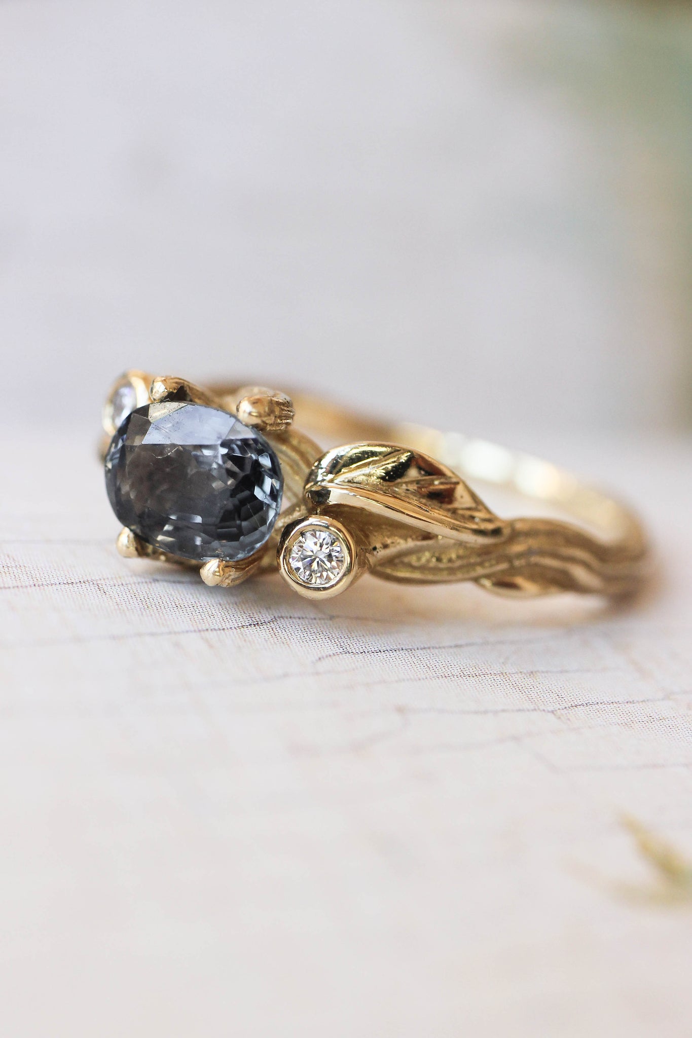 READY TO SHIP: Arius in 14K yellow gold, oval grey natural spinel 7x5 mm, moissanites, RING SIZE 7 US - Eden Garden Jewelry™