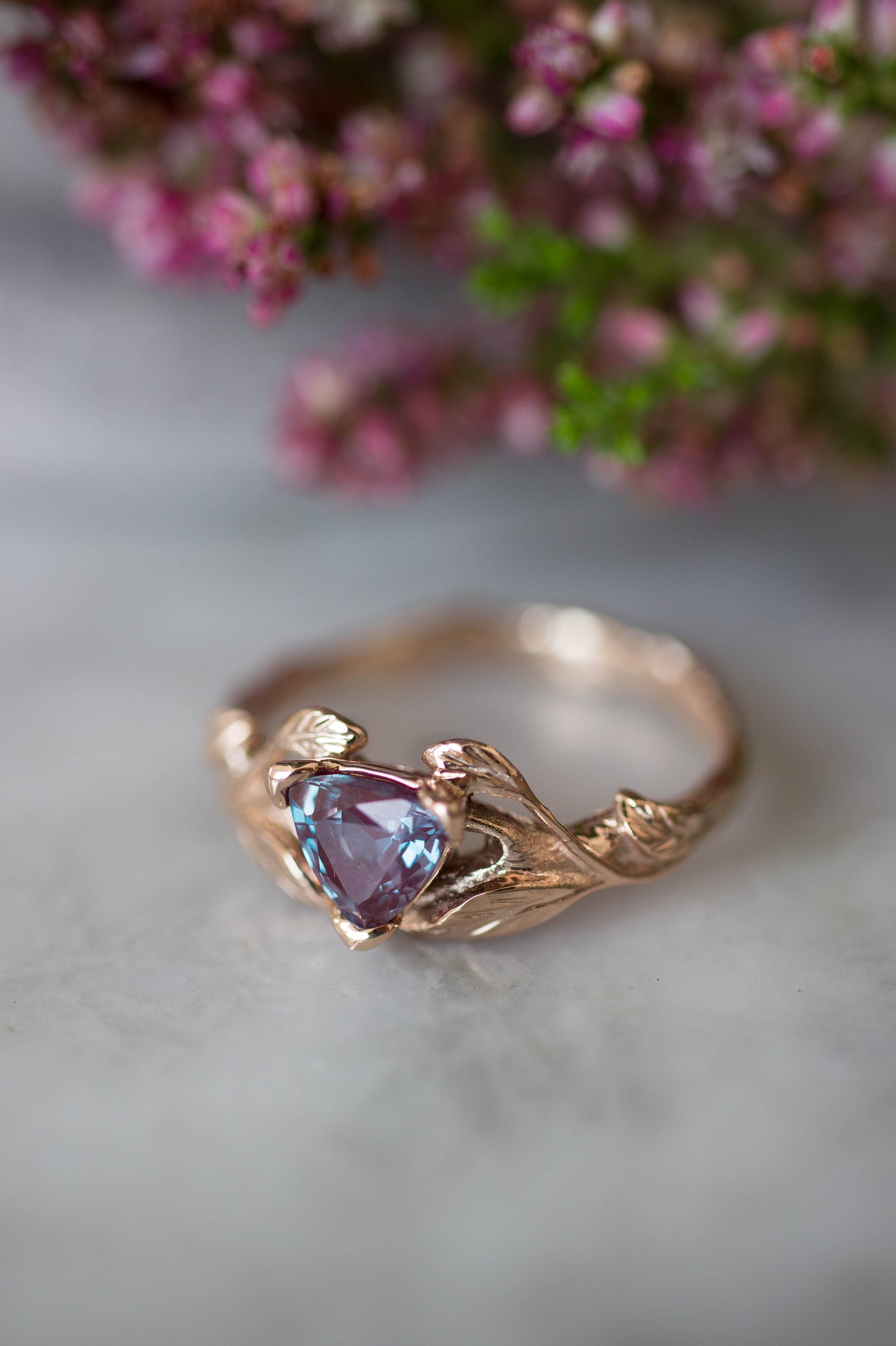 Lab alexandrite ring, trillion cut / Clematis - Eden Garden Jewelry™