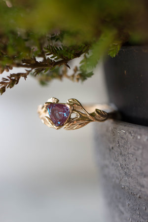 Nature inspired engagement ring with trillion cut alexandrite