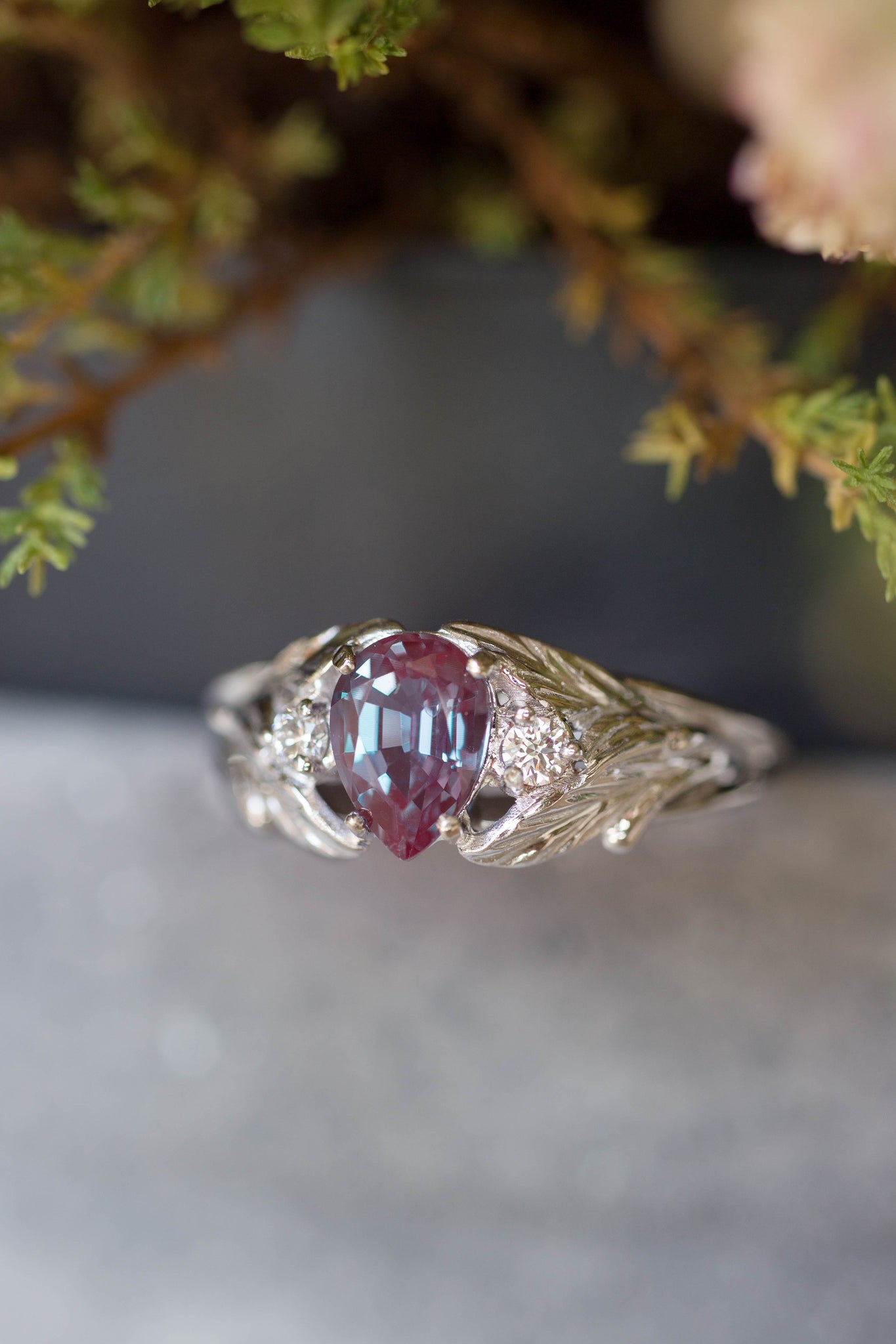 Pear alexandrite ring with diamonds, leaf engagement ring / Wisteria - Eden Garden Jewelry™