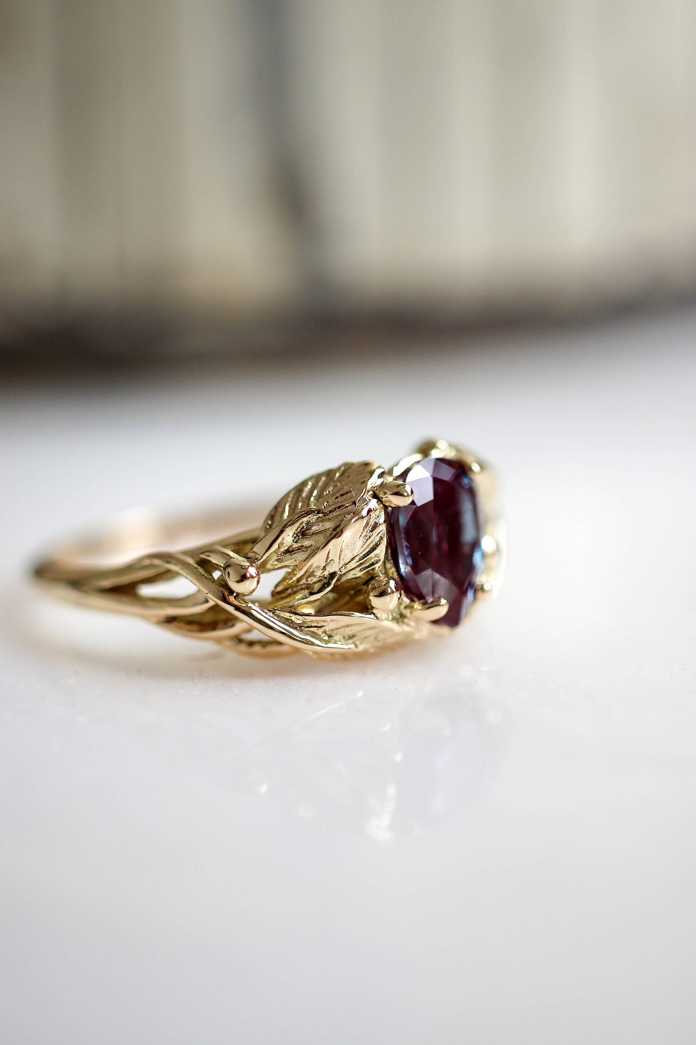 Pear cut Alexandrite engagement ring, leaves ring / Viola - Eden Garden Jewelry™