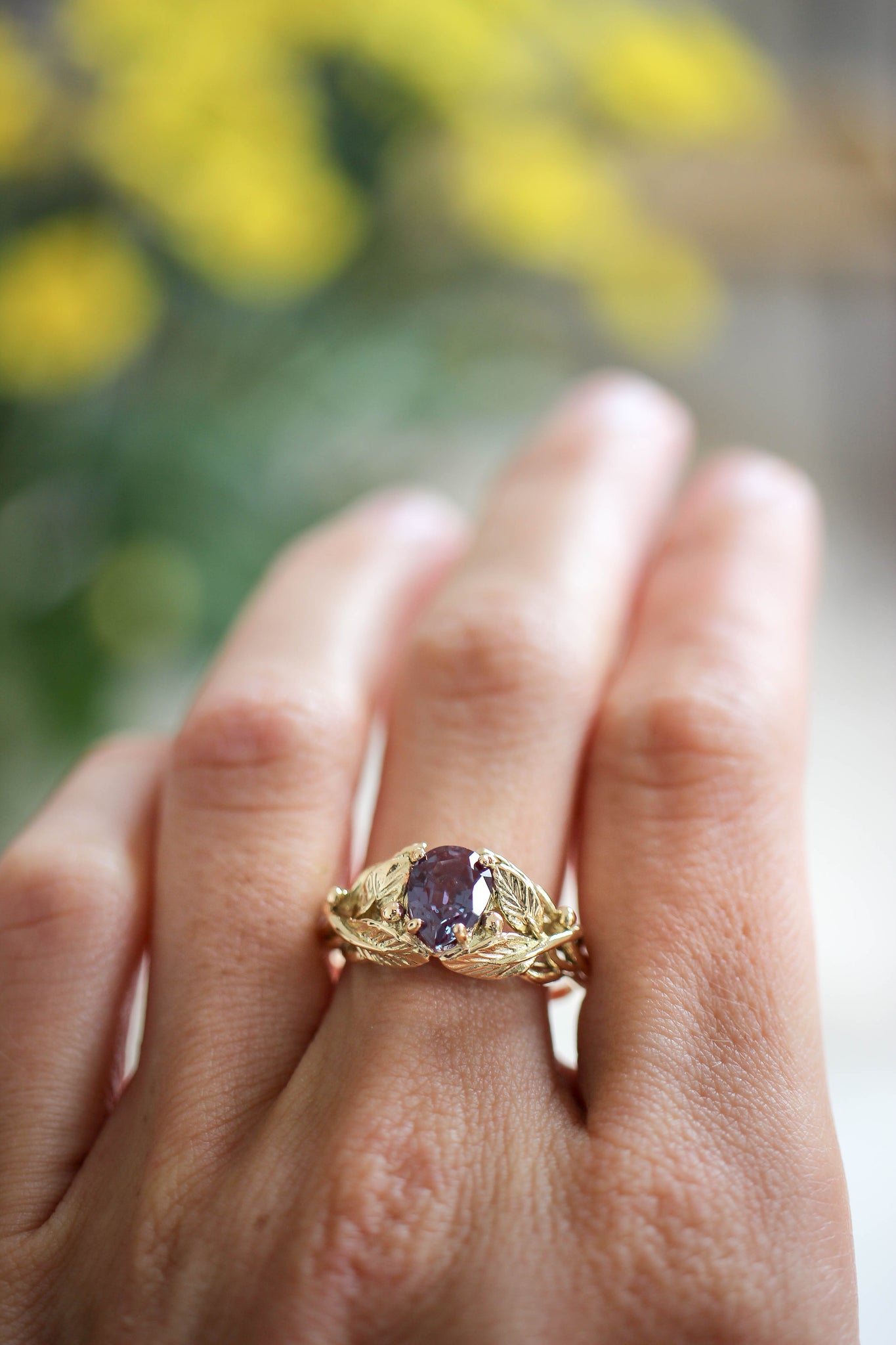 Pear cut Alexandrite engagement ring, leaves ring / Viola - Eden Garden Jewelry™