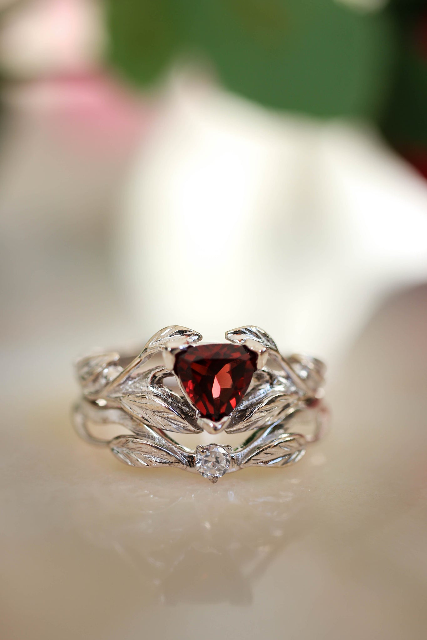 Nature inspired engagement ring set with garnet and diamond / Clematis - Eden Garden Jewelry™