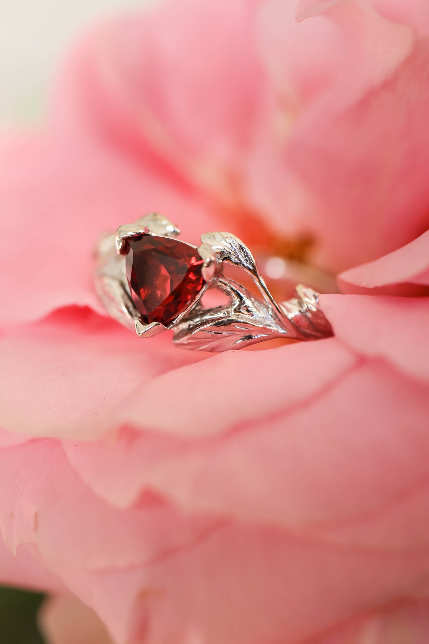 Trillion cut red garnet branch ring / Clematis - Eden Garden Jewelry™