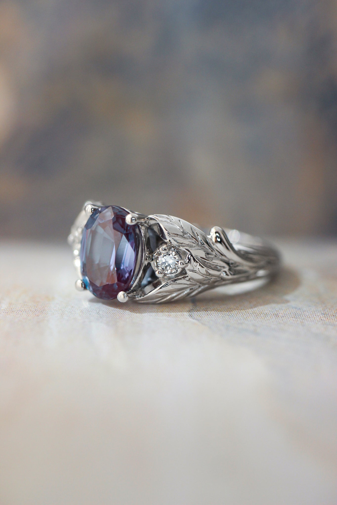 Oval alexandrite ring with diamonds, leaf engagement ring / Wisteria - Eden Garden Jewelry™